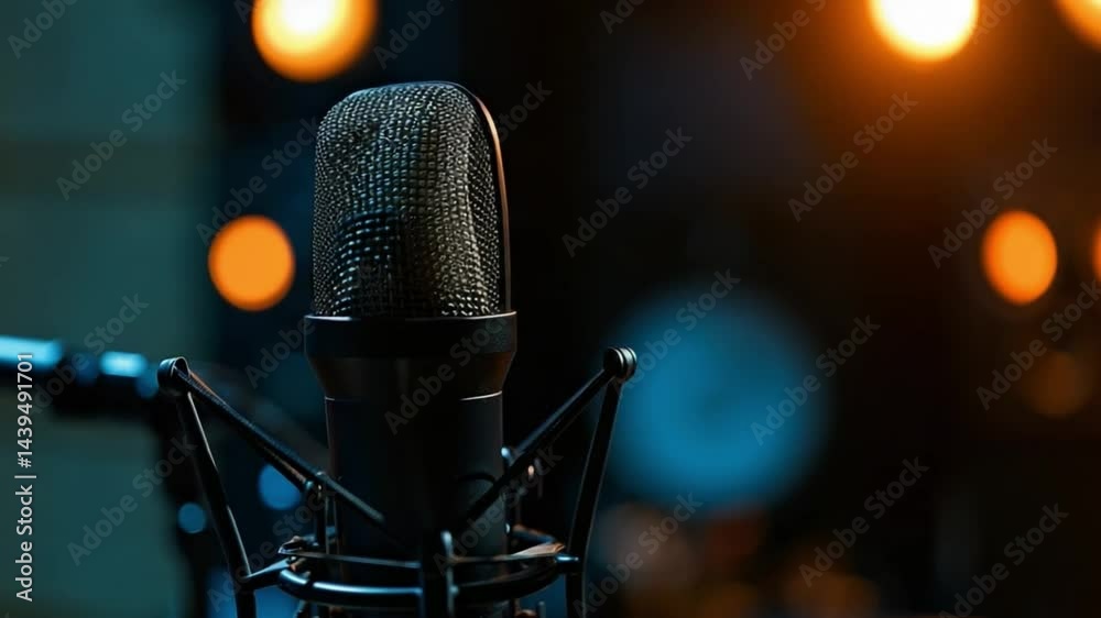 Studio Microphone Close-Up: A professional-grade studio microphone with a pop filter,  stands ready to capture every nuance of sound.