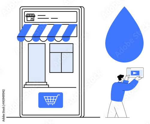 Smartphone with storefront, shopping cart icon, large blue droplet, user holding video content. Ideal for e-commerce, digital marketing, UI design, online business, social media video creation