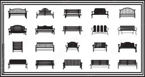 Bench Silhouette Bundle - Park Bench Icons Collection, Black Vintage and Modern Outdoor Bench Vectors for Garden, Street Furniture, Landscape Design, Seating Illustrations