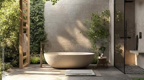 Serene Outdoor Bathroom Design:  Modern Minimalist Oasis with Bathtub, Shower, and Lush Greenery
