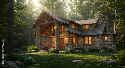 Enchanting Stone Lodge Nestled Harmoniously Amidst Verdant Forest Under Glimmering Sunlight