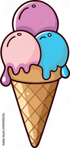 Adorable Kawaii Ice Cream Cone Vector Illustration Featuring Three Smiling Scoops, Colorful Pastel Sprinkles, and Detailed Waffle Cone – Perfect for Summer Themes, Children’s Art, and Sweet Graphics