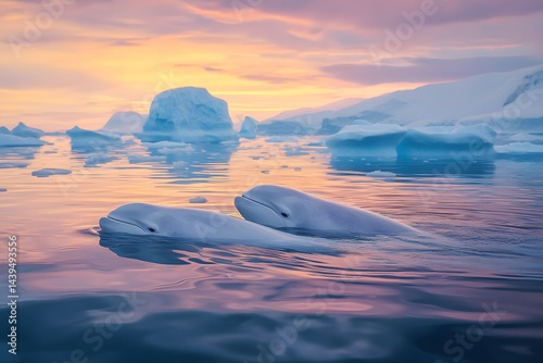 Two beluga whales swimming in arctic waters with icebergs under a colorful sunset sky view scene