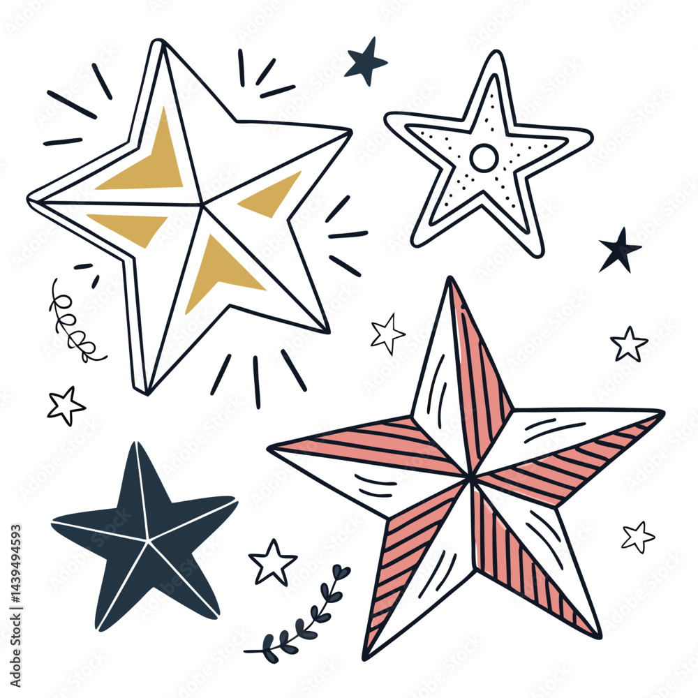 Obraz premium Hand-Drawn Star Vector Set: Design Elements, Badges, Stickers, and Geometric Shapes for Branding, Packaging, Prints, and Social Media Graphics