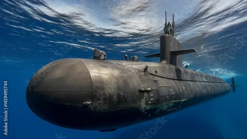 Wallpaper Mural Submersible submarine sailing underwater, deep sea vessel emitting reflections into a blue ocean, maritime transportation Torontodigital.ca