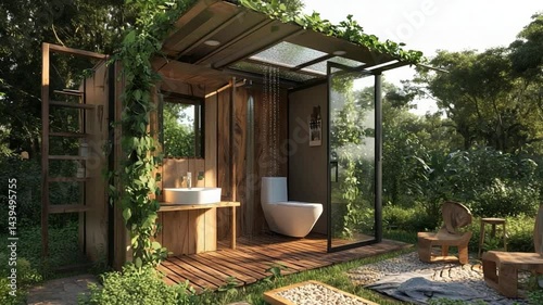Serene Outdoor Bathroom Design: Eco-Friendly Container Home Oasis