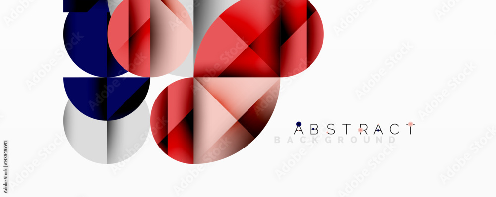 Obraz premium Abstract geometric composition. Overlapping circles, triangles create modern design. Red, navy, pale pink hues dominate. Minimalist aesthetic.