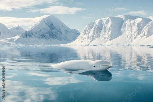 A beluga whale swimming in arctic waters with snowy mountains in the background on a clear day