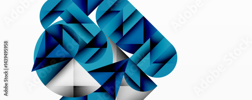 Abstract geometric design. Blue shades form complex shapes, resembling knot or stylized bird. Minimalist, modern aesthetic.