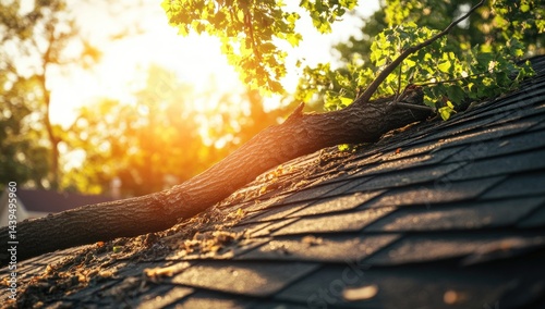 Fallen tree branch on damaged roof