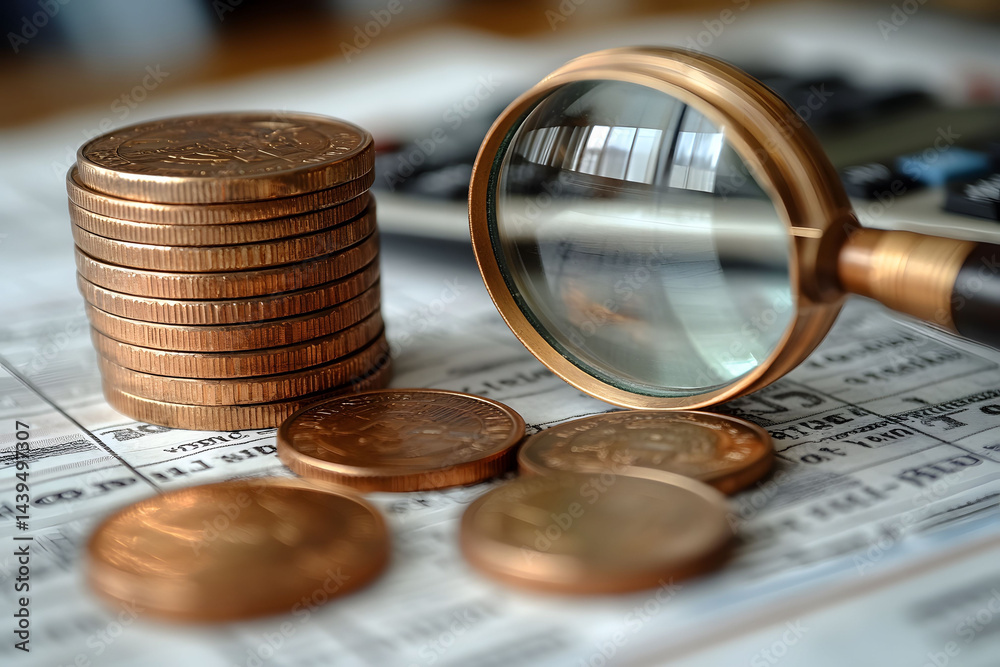 Financial Analysis Concept with Coins and Magnifying Glass for Economic Research Design