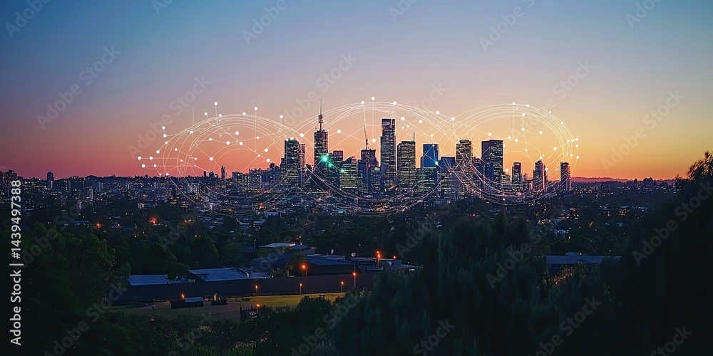 Naklejka premium Cityscape at Dusk with Network Overlay
