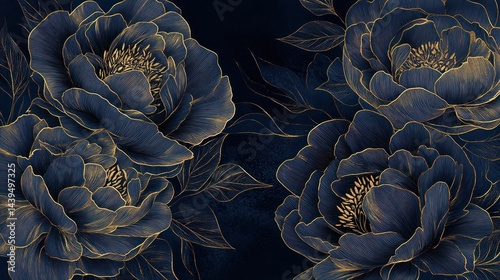 Fototapeta Naklejka Na Ścianę i Meble -  Dark blue peonies gold leaves elegant floral background design