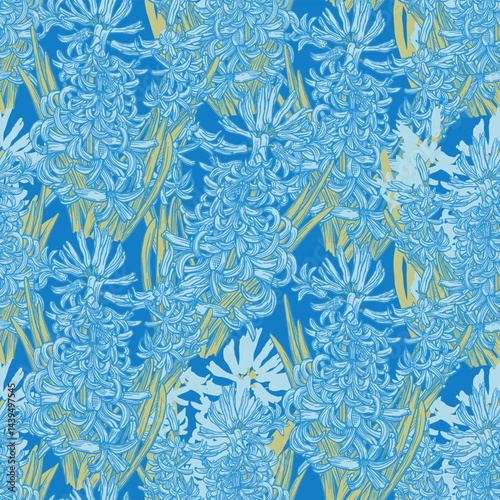 Seamless pattern with hyacinths. Hand drawn spring flowers on paper with pen and ink. Flower illustration. Vector garden plant drawing. Nature design element. Not AI generated.