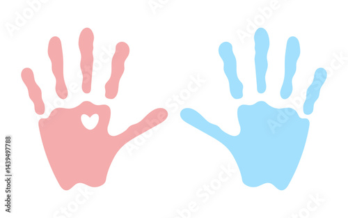 Baby Handprints. Pink and Blue Baby Handprints with Heart Shape. Cute Symbol of Love, Childhood, Care, Family and Newborn Concept. Pastel Kids Hands Art for Nursery, Baby Shower, Greeting Cards