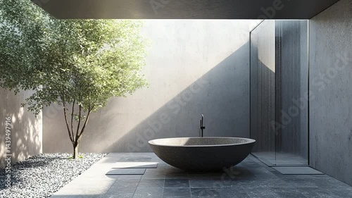Serene Outdoor Bathroom Design: Minimalist Concrete Oasis with a Tree