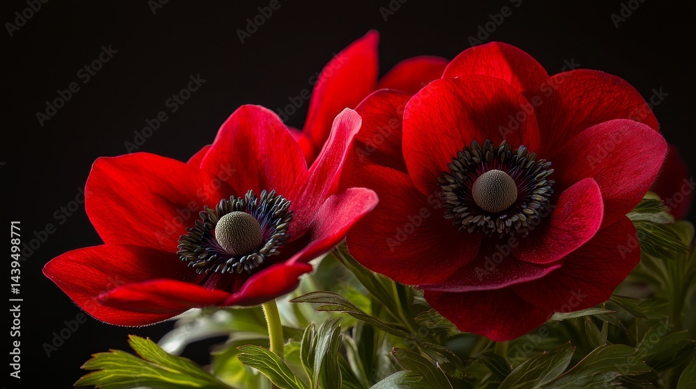 Fototapeta premium Vibrant Red Anemone Flowers with Dark Background and Sharp Petals in Close-up