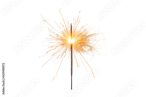 Burning sparkler stick with bright golden sparks against a gray background transparent background