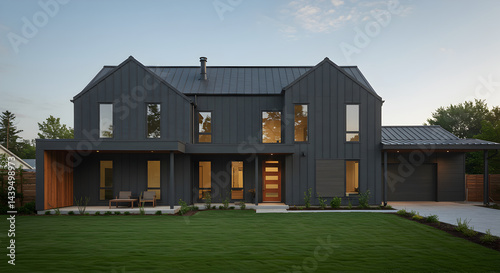 Contemporary Farmhouse Residence Featuring Dark Exterior Cladding And Expansive Lawn