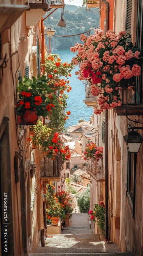 Naklejka premium Flower-filled alleyway descends to seaside.