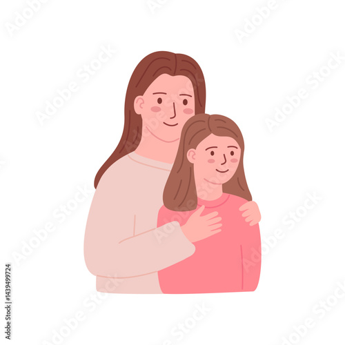 Cute mother and child daughter, confidence in child. Happy family embracing, hugging. Motherhood, parenthood. Mom and girl kid together. Love, friendship of characters. Flat vector illustration