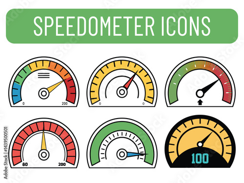 Speedometer Icons Set Fast Speed, Internet Gauge, Dashboard Indicators, Credit Score, Risk Meter Collection.