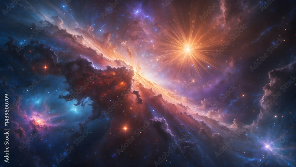 Obraz premium Cosmic tapestry celestial glow amidst ethereal clouds