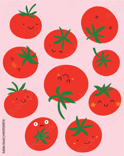 Collection of red tomatoes with cute cartoon faces. Doodle style