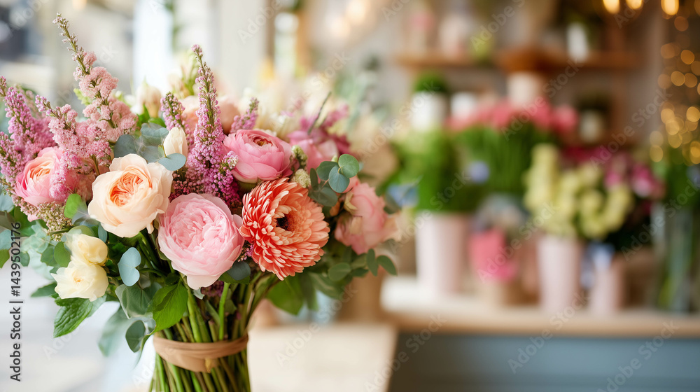 A colorful bouquet of fresh flowers in a florist shop with a blurred background.