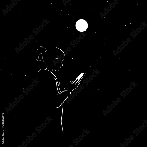 Black and White Silhouette or Line Art Illustration of Man or Woman Handing Mobile Phone - Communication Concept