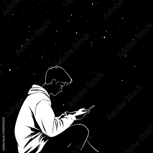 Black and White Silhouette or Line Art Illustration of Man or Woman Handing Mobile Phone - Communication Concept