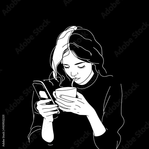 Black and White Silhouette or Line Art Illustration of Man or Woman Handing Mobile Phone - Communication Concept