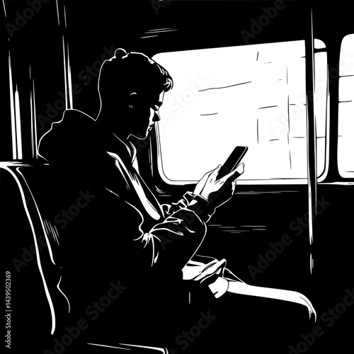 Black and White Silhouette or Line Art Illustration of Man or Woman Handing Mobile Phone - Communication Concept