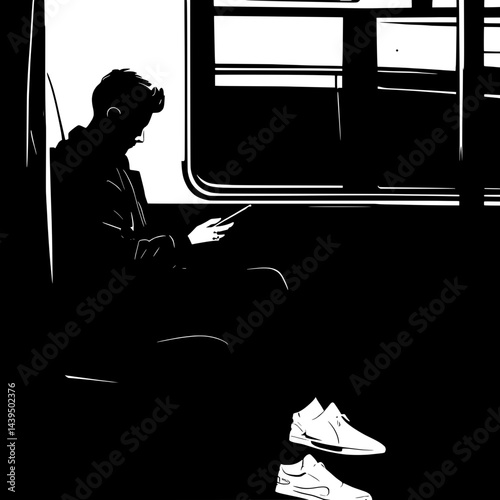 Black and White Silhouette or Line Art Illustration of Man or Woman Handing Mobile Phone - Communication Concept
