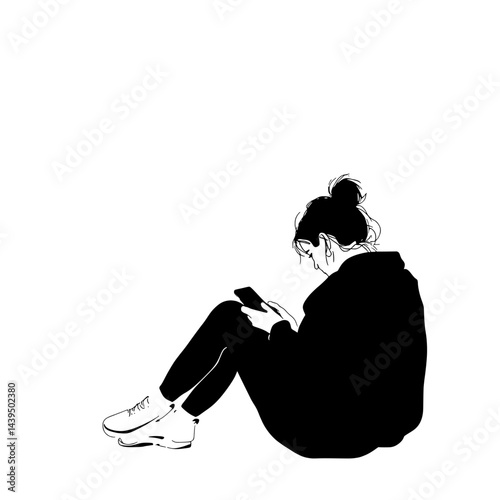 Black and White Silhouette or Line Art Illustration of Man or Woman Handing Mobile Phone - Communication Concept
