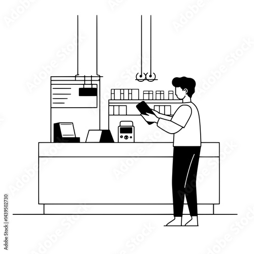 Black and White Silhouette or Line Art Illustration of Man or Woman Handing Mobile Phone - Communication Concept