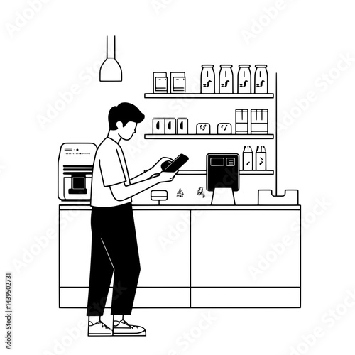 Black and White Silhouette or Line Art Illustration of Man or Woman Handing Mobile Phone - Communication Concept