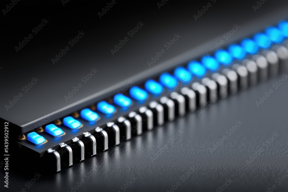 Close-up of electronic chip with blue lights. modern microelectronics and circuits