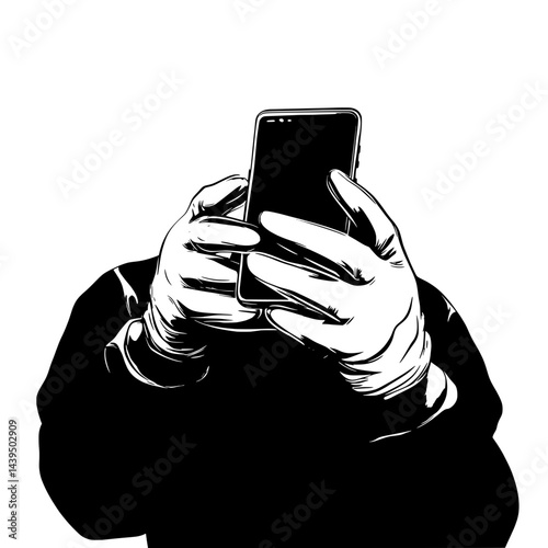 Black and White Silhouette or Line Art Illustration of Man or Woman Handing Mobile Phone - Communication Concept