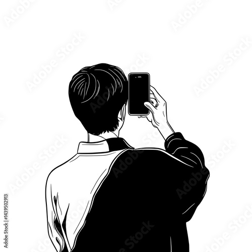 Black and White Silhouette or Line Art Illustration of Man or Woman Handing Mobile Phone - Communication Concept