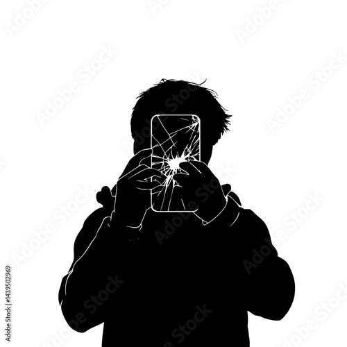 Black and White Silhouette or Line Art Illustration of Man or Woman Handing Mobile Phone - Communication Concept