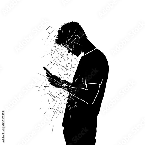 Black and White Silhouette or Line Art Illustration of Man or Woman Handing Mobile Phone - Communication Concept