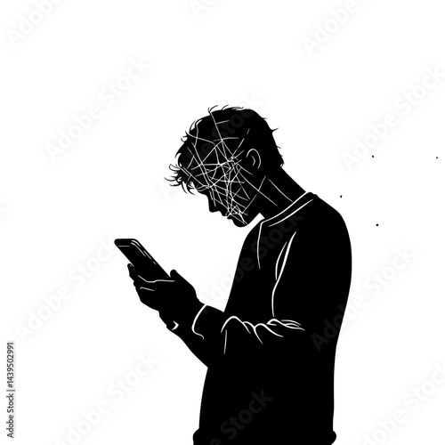Black and White Silhouette or Line Art Illustration of Man or Woman Handing Mobile Phone - Communication Concept
