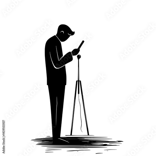 Black and White Silhouette or Line Art Illustration of Man or Woman Handing Mobile Phone - Communication Concept