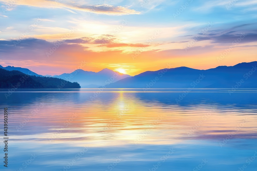Serene Sunrise over Lake and Mountains Serene Sunrise over Lake and Mountains
