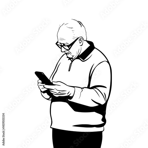 Black and White Silhouette or Line Art Illustration of Man or Woman Handing Mobile Phone - Communication Concept