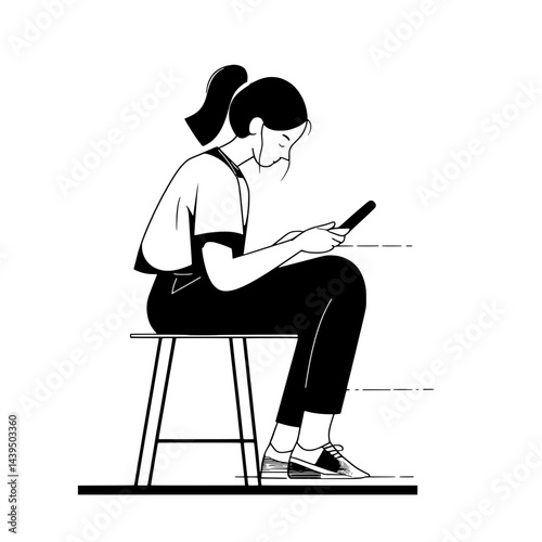 Black and White Silhouette or Line Art Illustration of Man or Woman Handing Mobile Phone - Communication Concept
