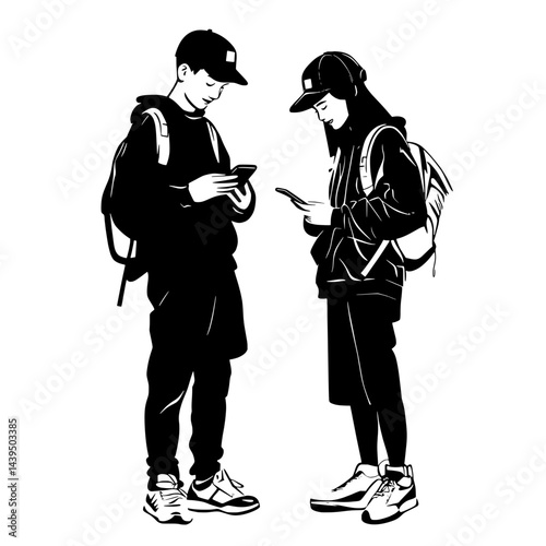 Black and White Silhouette or Line Art Illustration of Man or Woman Handing Mobile Phone - Communication Concept