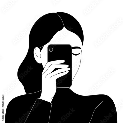 Black and White Silhouette or Line Art Illustration of Man or Woman Handing Mobile Phone - Communication Concept