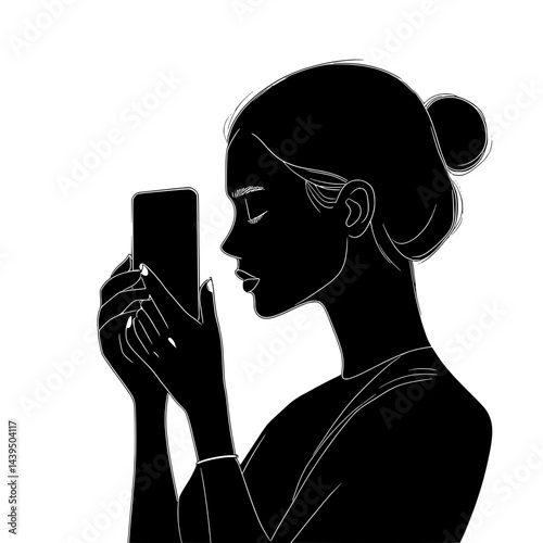 Black and White Silhouette or Line Art Illustration of Man or Woman Handing Mobile Phone - Communication Concept